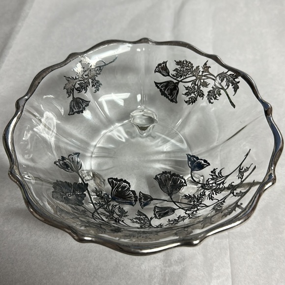 Glass painted candy dish with legs and silver around the rim. Approximately 6” - Picture 2 of 7